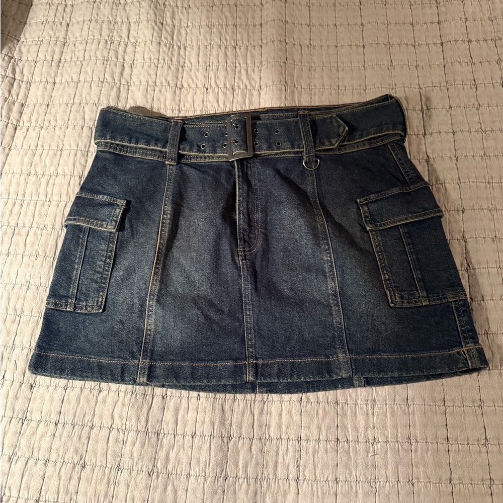 SO belted dark wash denim cargo style skirt